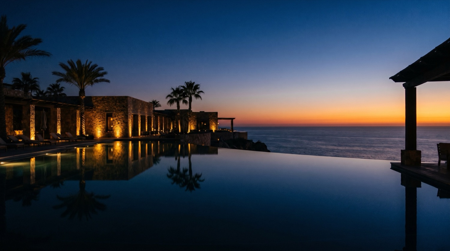 Clifftop resort at blue hour